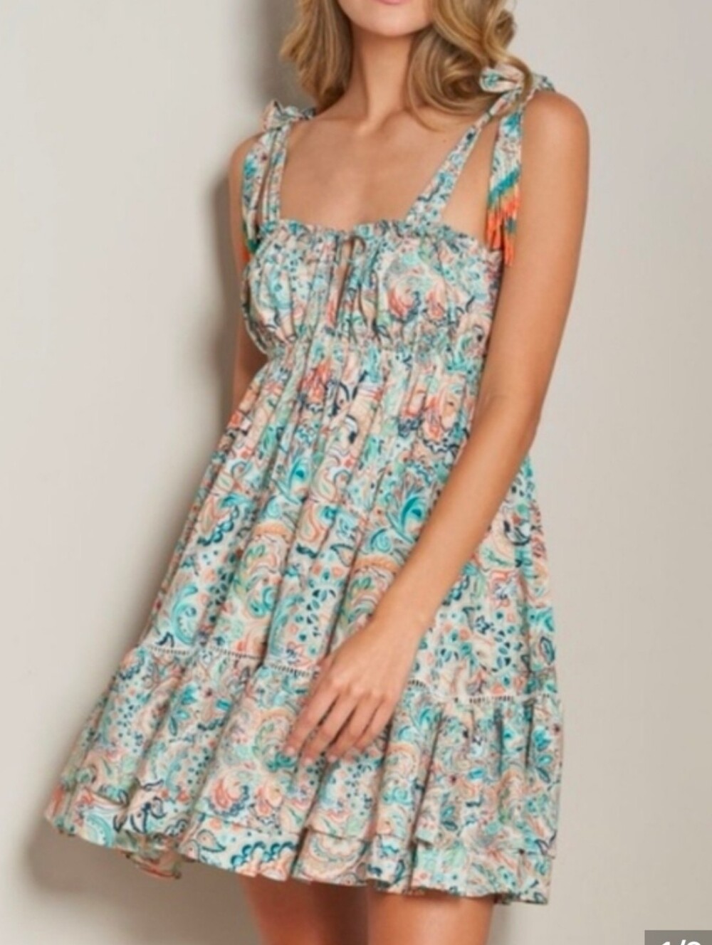 Floral Tiered Tie-Shoulder Sundress in Mint and Peach